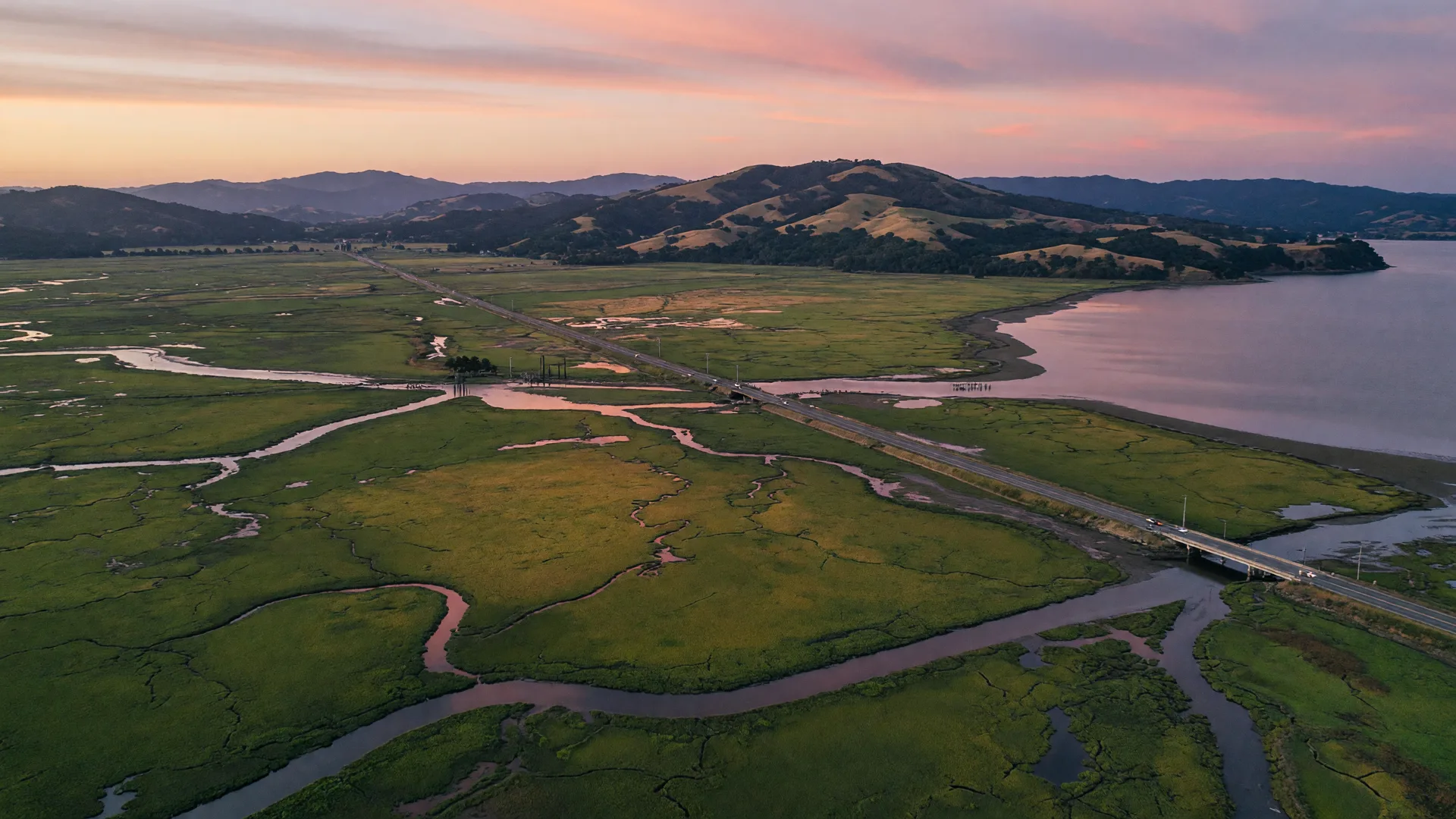 A serene aerial view of the North Bay shoreline and Marin hills