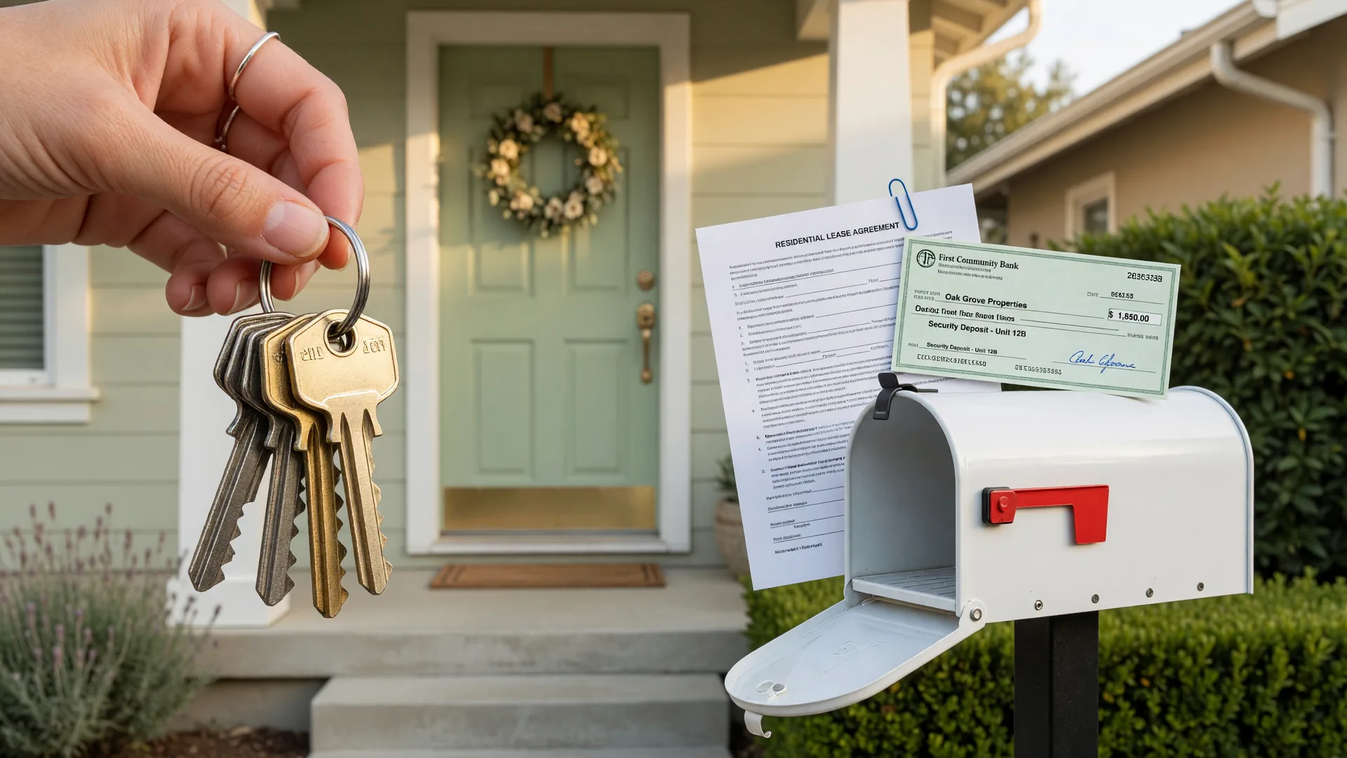 Hand holding a set of keys at a residential front door with rental documents nearby