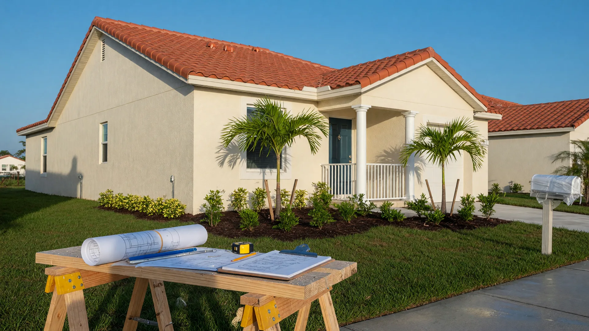 A newly built stucco Florida home with a tile roof, fresh landscaping, and rolled blueprints on a sawhorse in the foreground.