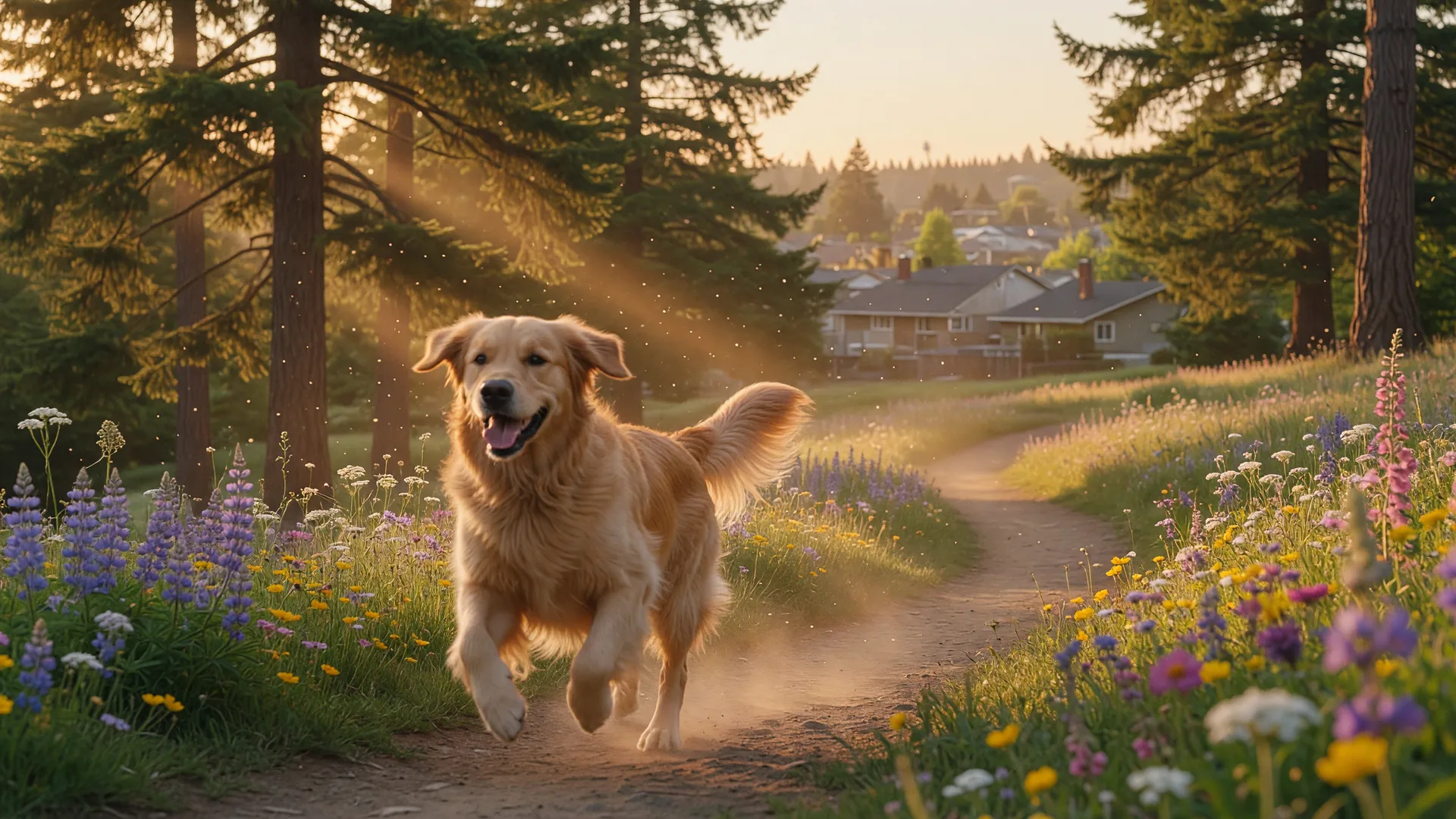 Golden Retriever running through a lush green Pacific Northwest park at golden hour