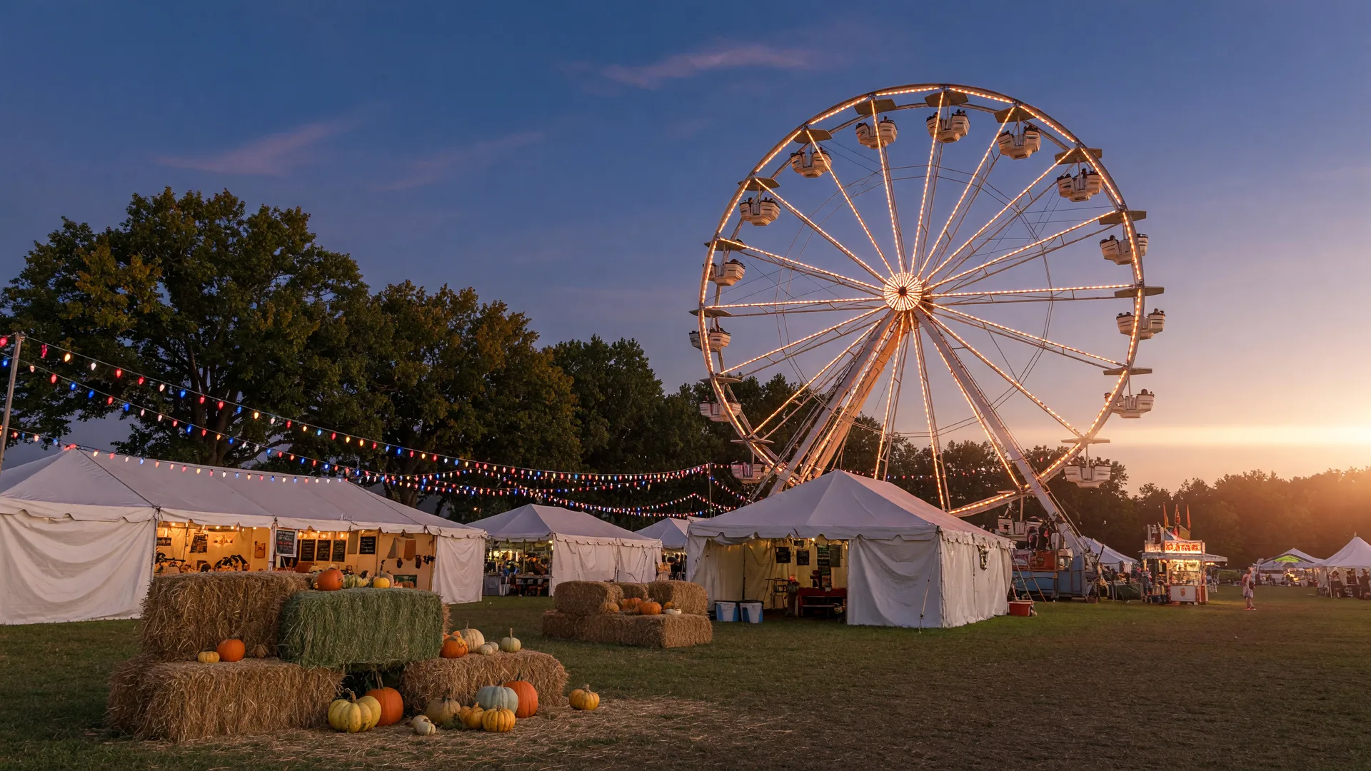 Carnival Ferris wheel and vendor tents at a Michigan fairground in late-summer evening light
