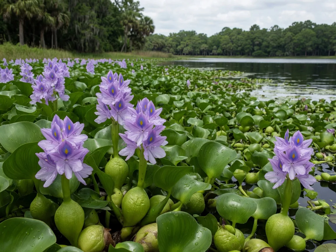 Water hyacinth with lavender flowers and inflated spongy leaf stalks floating on a lake