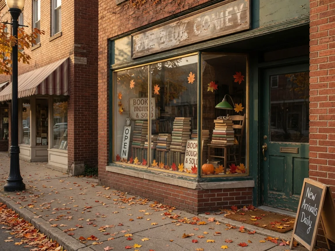 Charming storefront of a used bookstore on the historic main street of downtown Lapeer, Michigan, with books stacked in the window display