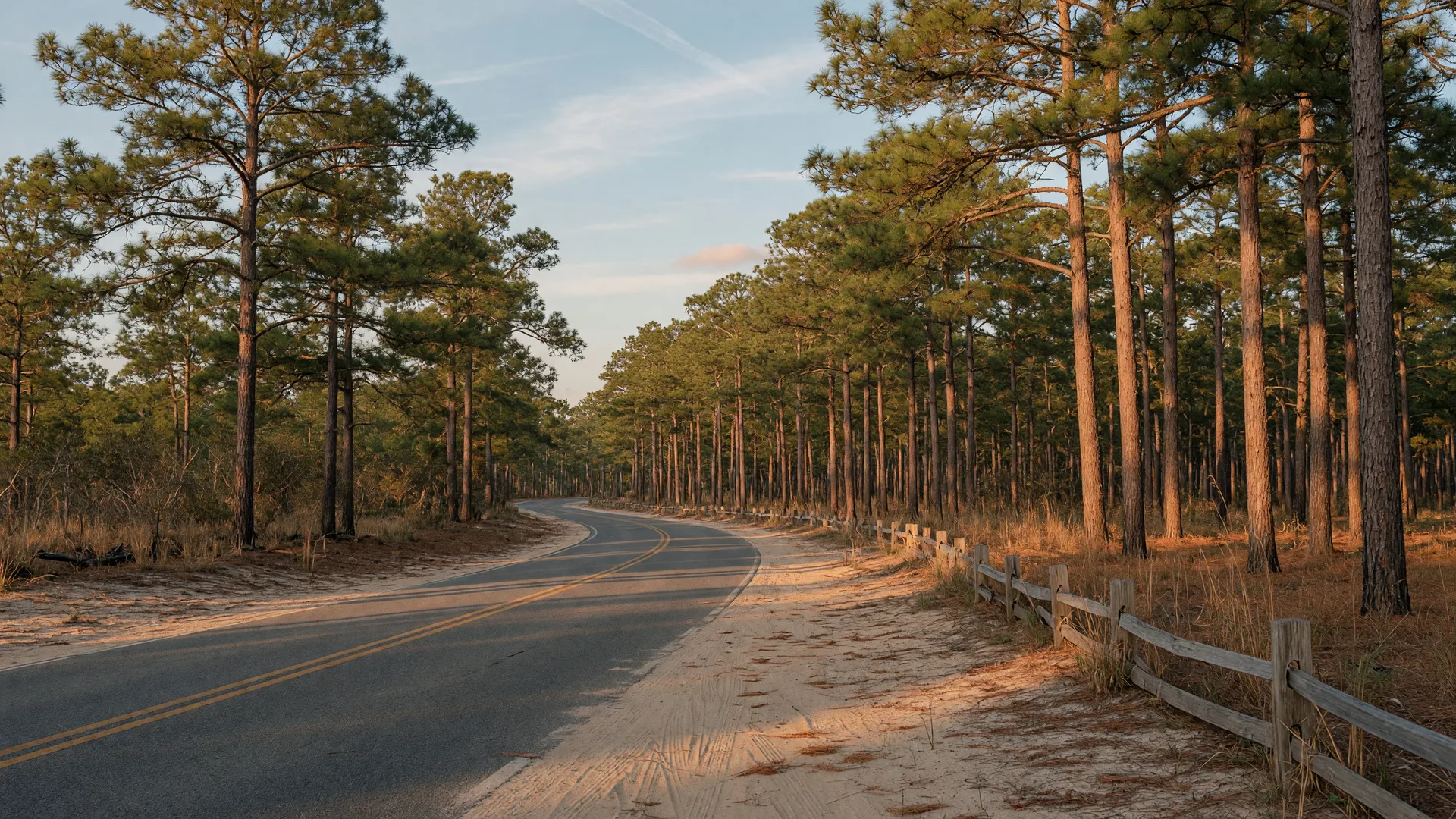 A quiet road winding through longleaf pines in the Sandhills at golden hour