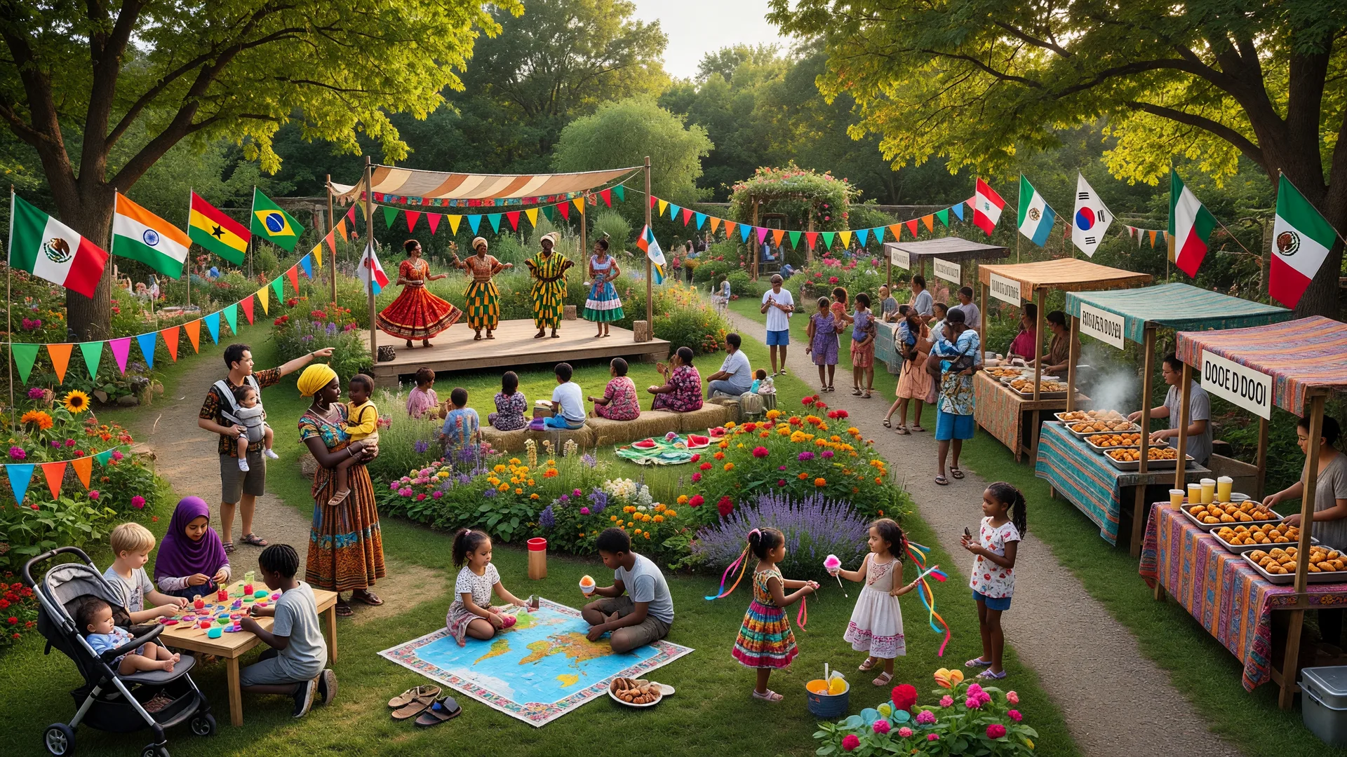 Vibrant multicultural festival in a garden setting with international flags, diverse families, music and dance performances, and food booths