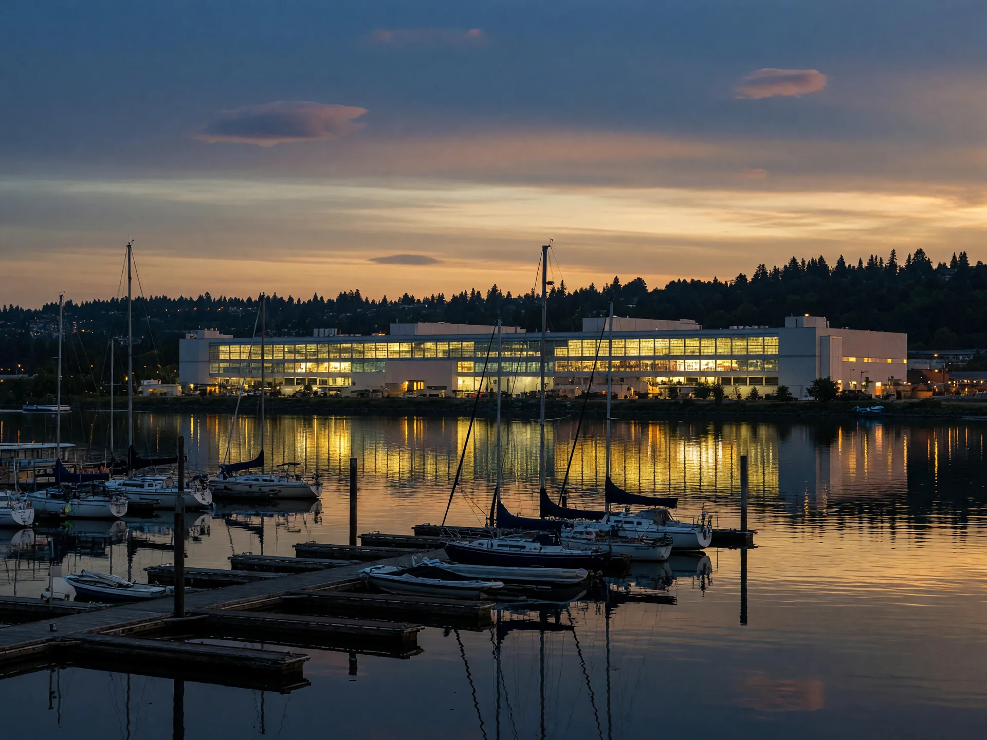 Renton, Washington waterfront on Lake Washington at dusk with sailboats and the Boeing plant in the distance