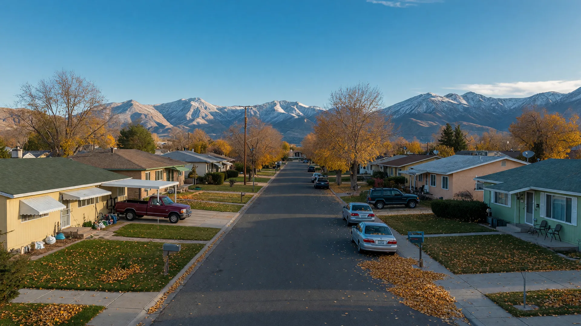 A quiet Carson City residential street on a late autumn afternoon with tidy ranch-style homes, golden trees, and the Sierra Nevada on the horizon.