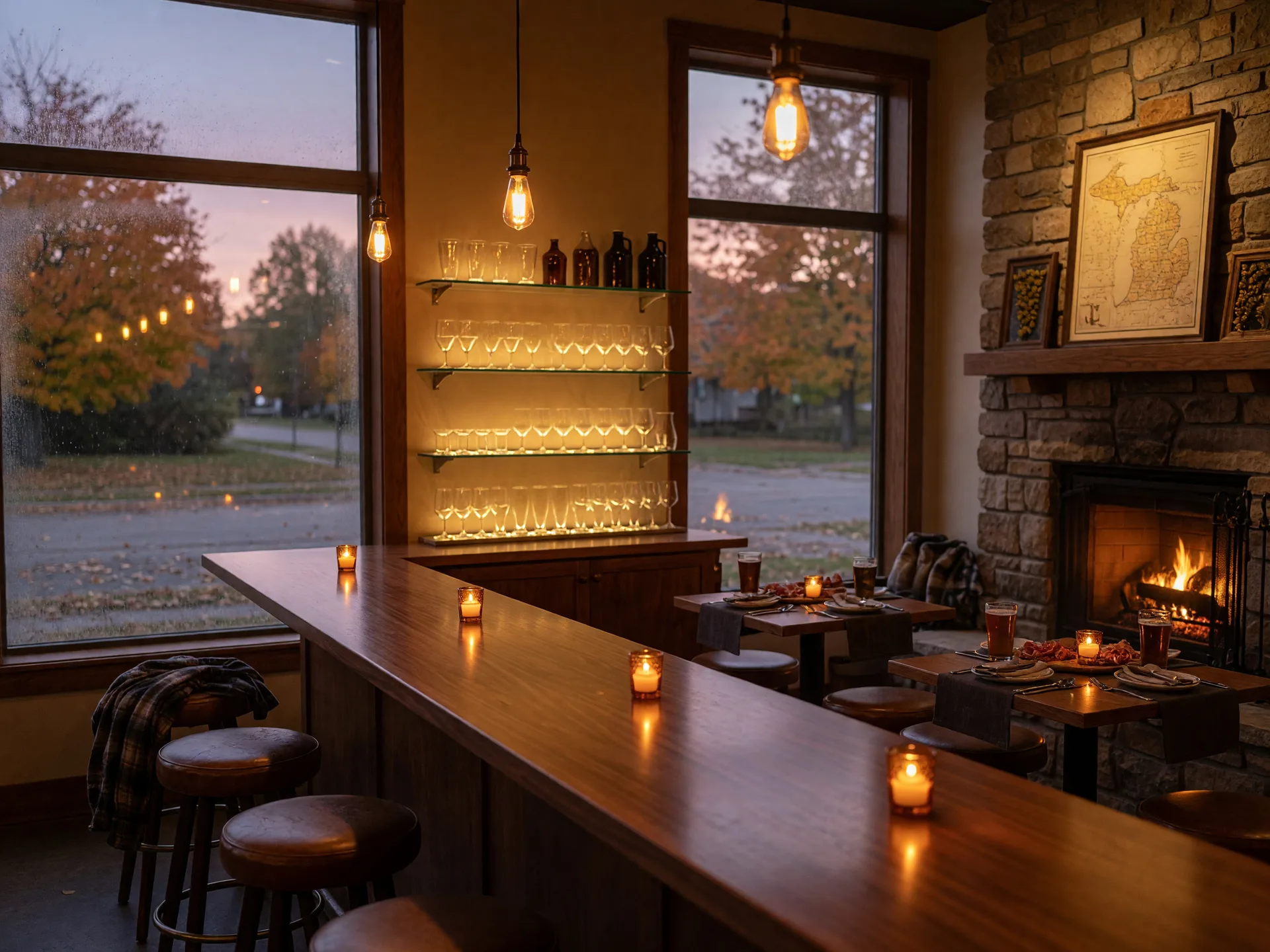 A cozy Michigan brewery taproom on an October evening with Edison bulb pendants over a walnut bar, glassware, a stone fireplace, and candlelit tables