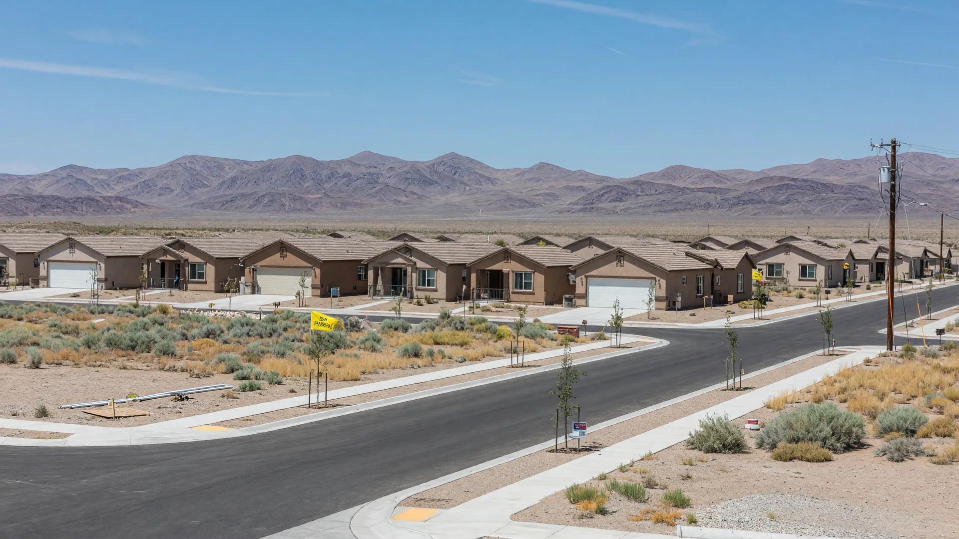 Affordable stucco homes in a growing Fernley Nevada neighborhood with high desert terrain, sagebrush, and distant mountain ranges