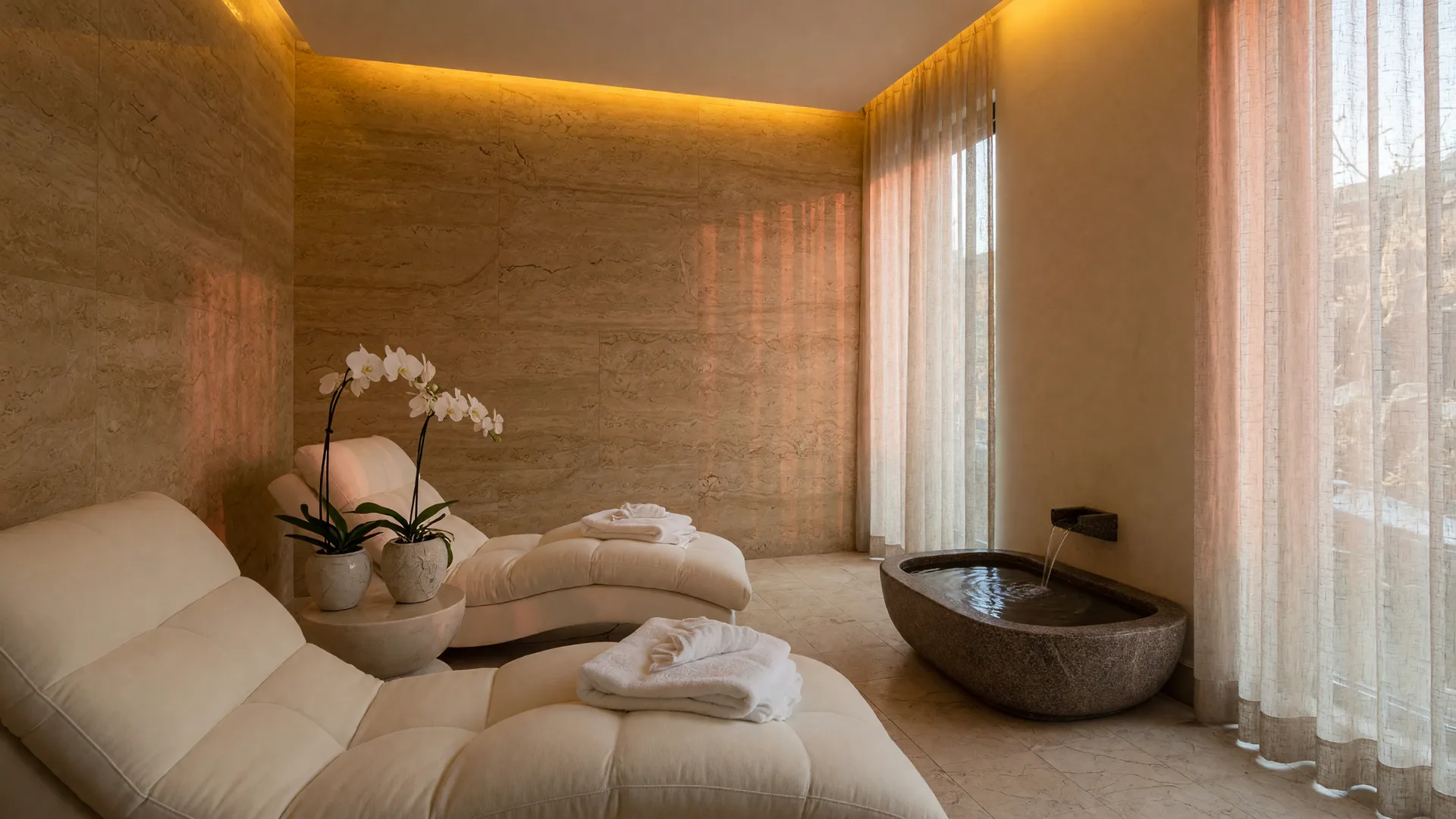 A serene luxury spa relaxation lounge in warm honey-toned stone, plush chaise lounges with folded white towels, amber cove lighting, and sheer linen curtains