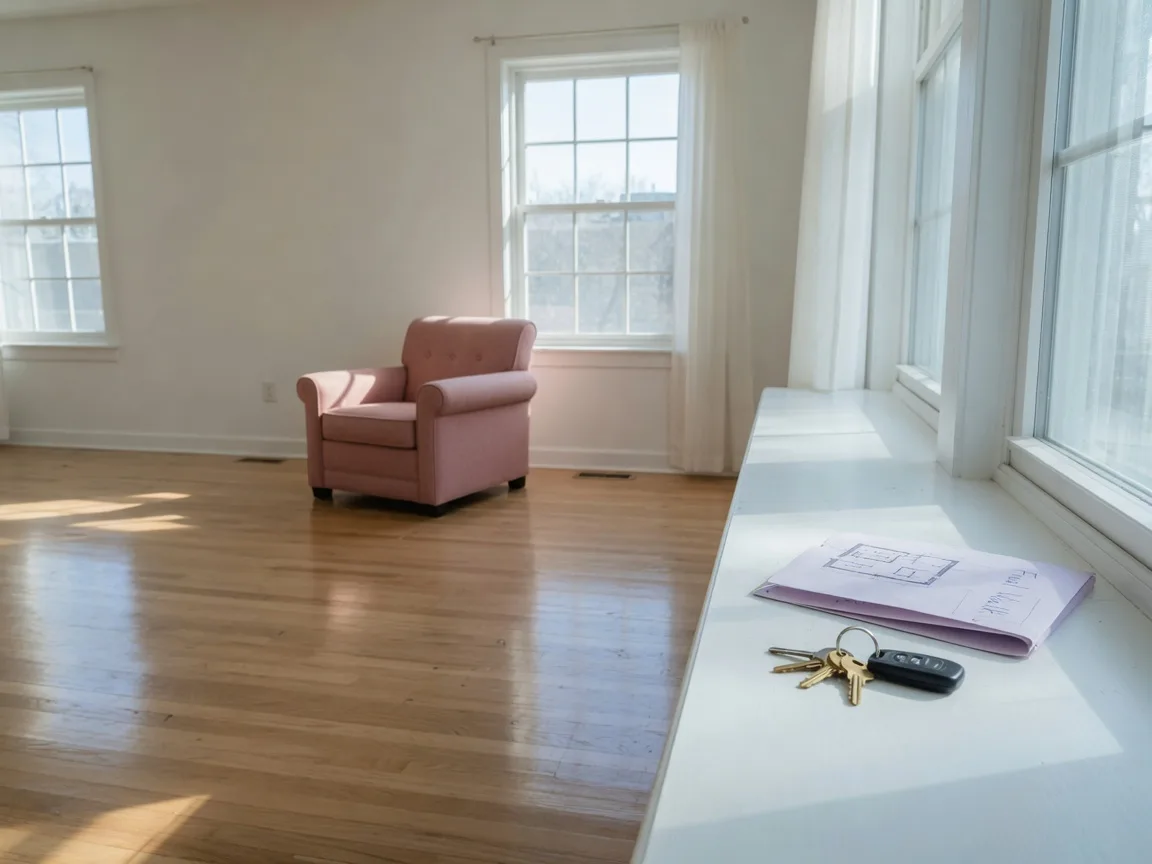 An empty sunlit living room ready for the new owners, keys waiting on the window sill