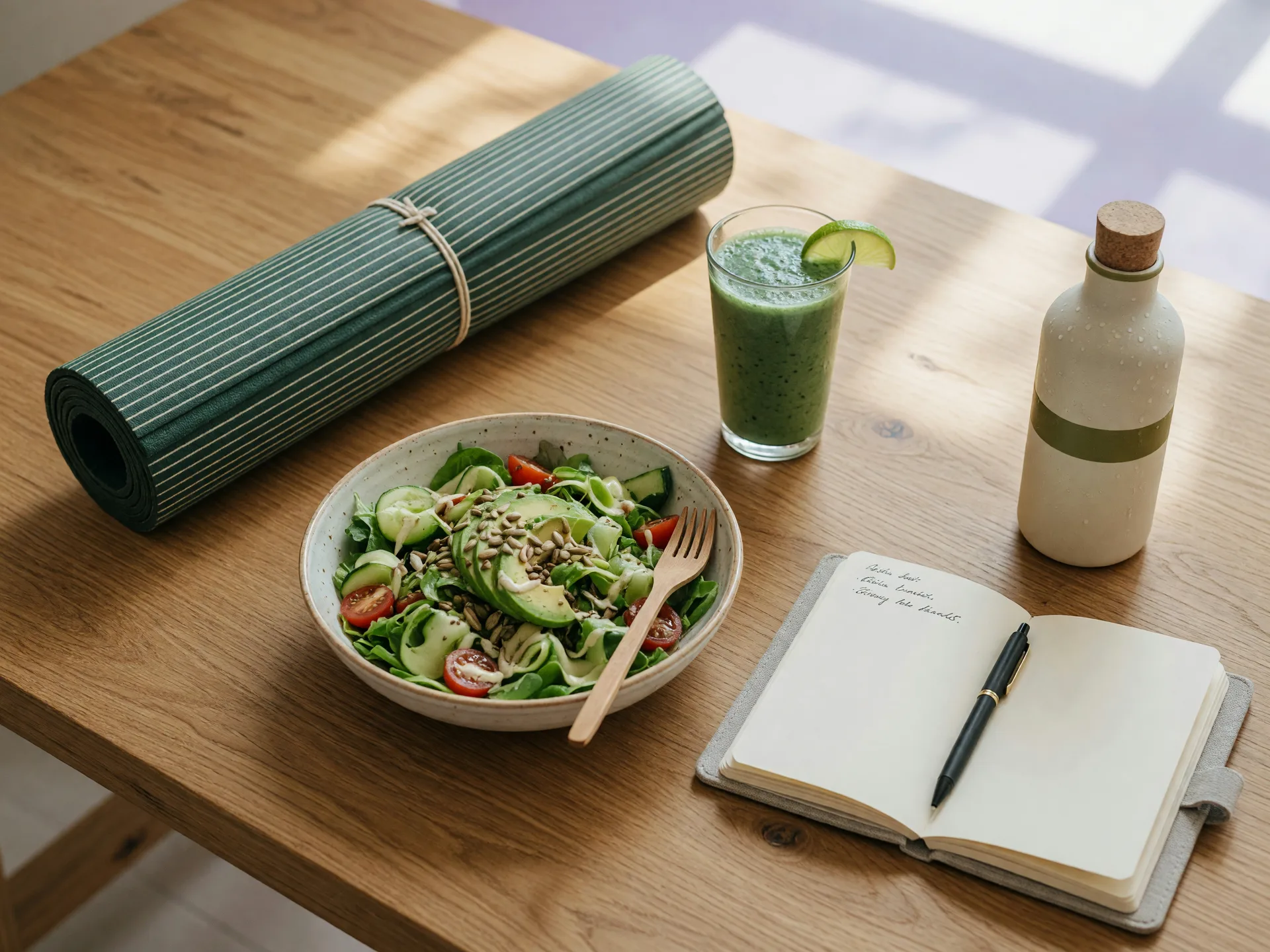 A wellness scene with a salad, smoothie, and journal on a wooden table