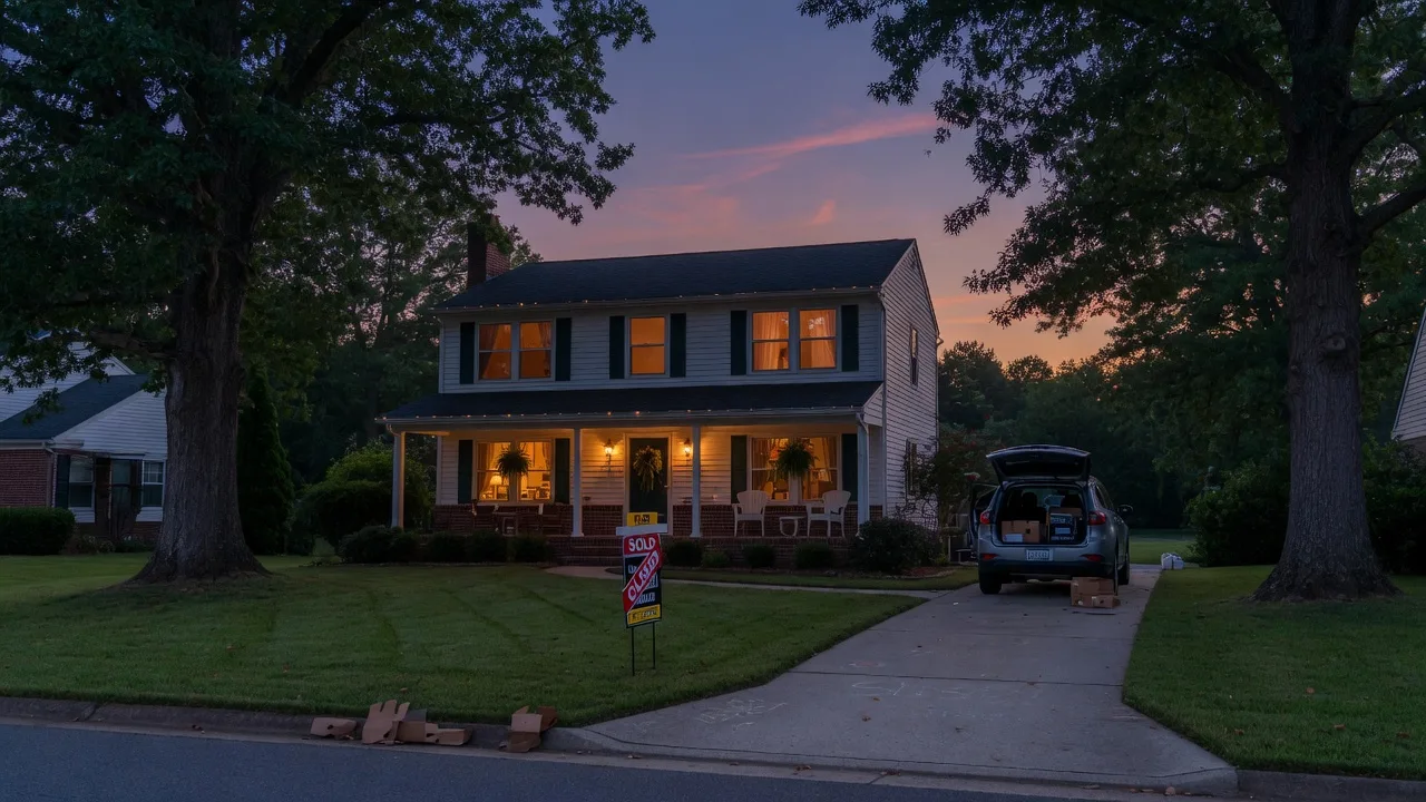 Warm dusk exterior of a Triangle-area family home after closing, where the listing commission stays in the seller's equity