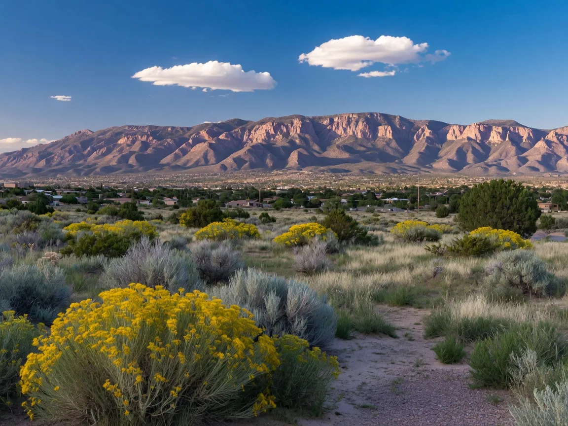 Sandia Mountains rising above Albuquerque desert landscape with chamisa and sagebrush