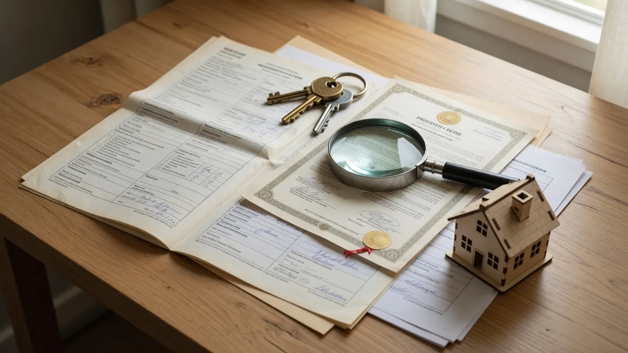 Property research documents on a desk with a magnifying glass over a property deed and house keys