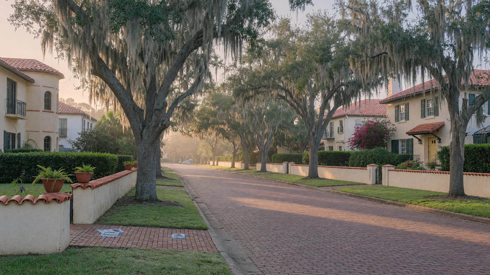 A Winter Park street lined with live oaks and Spanish revival homes in early morning light