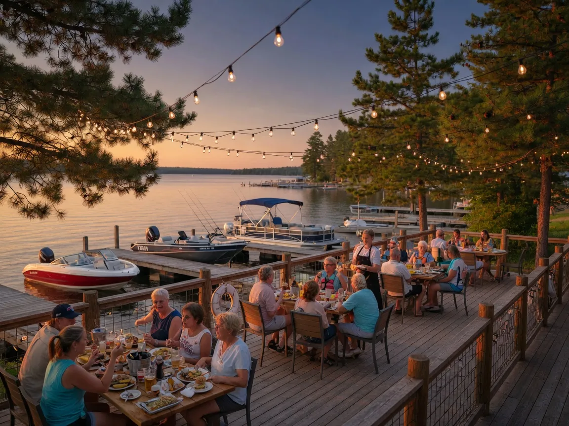 Lakeside restaurant deck on the Whitefish Chain with string lights and diners on a summer evening
