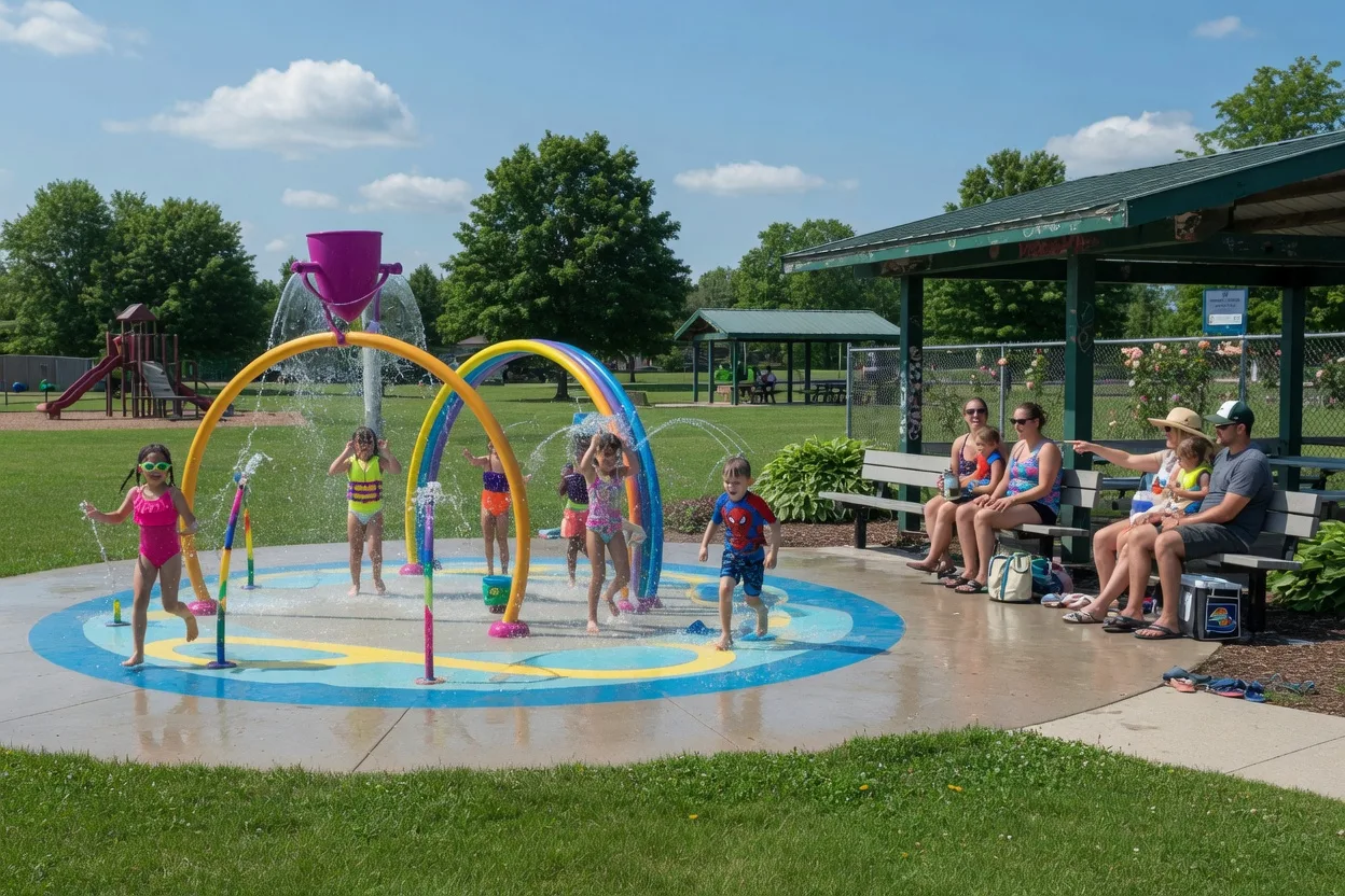 Kids playing at a community splash pad on a summer day