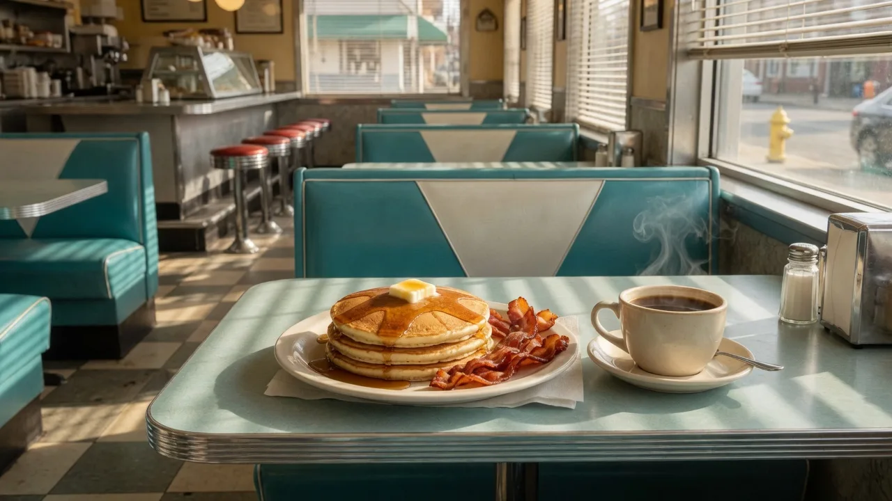 Classic American breakfast with pancakes, bacon, and coffee