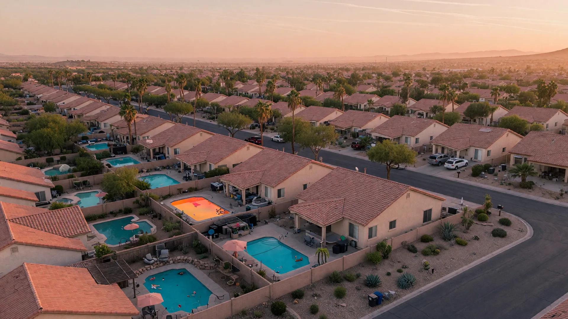 Aerial photograph of a residential Las Vegas neighborhood at golden hour, rooftops and desert landscaping stretching toward the valley hills