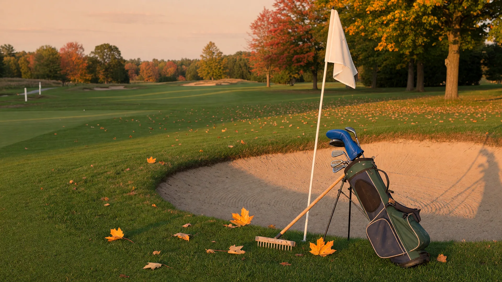 A junior golf bag and sand rake resting beside a freshly raked bunker on a New England course in early fall
