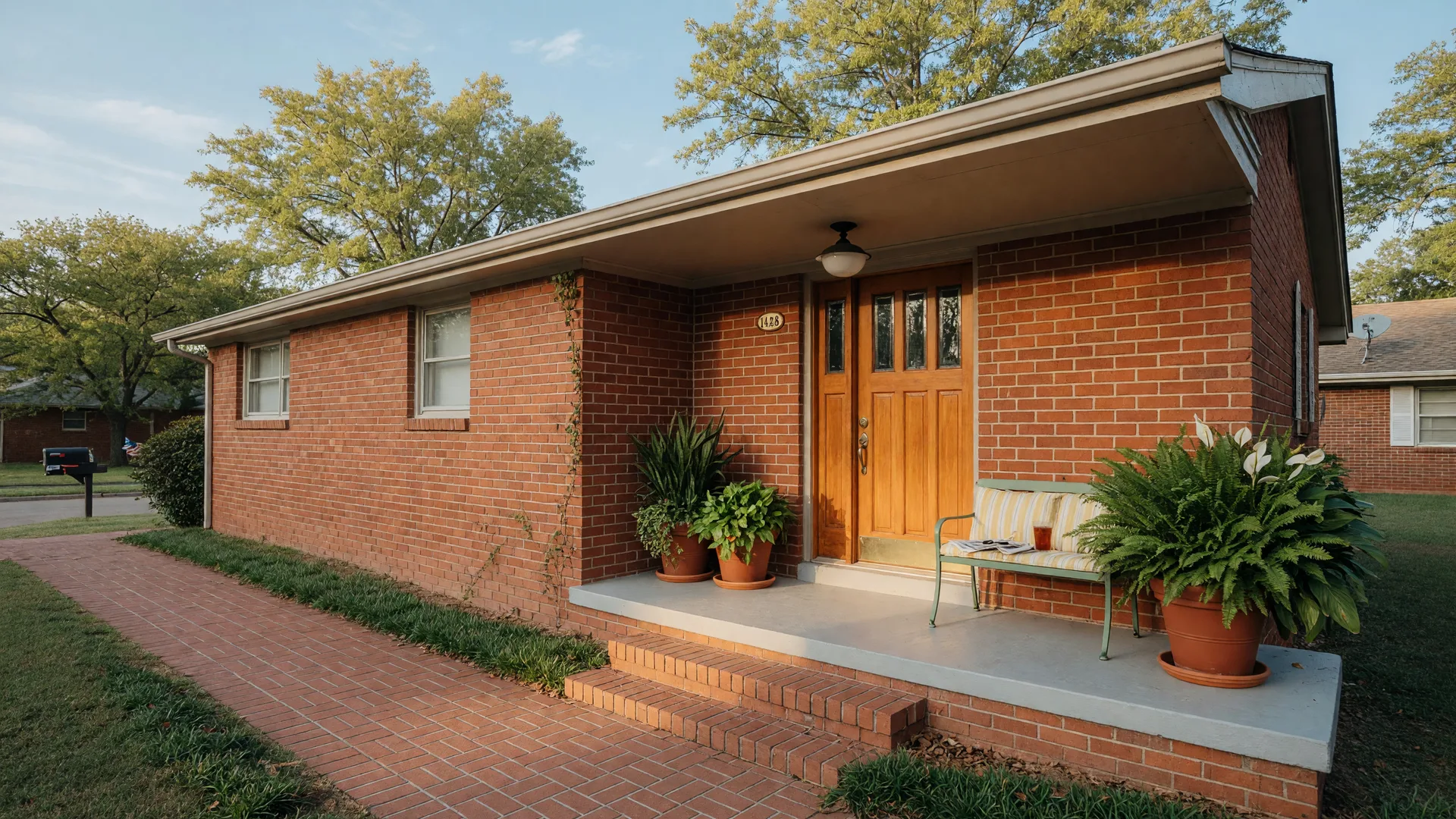 Welcoming front porch of a brick ranch-style home with potted plants flanking a glass-paneled wooden door