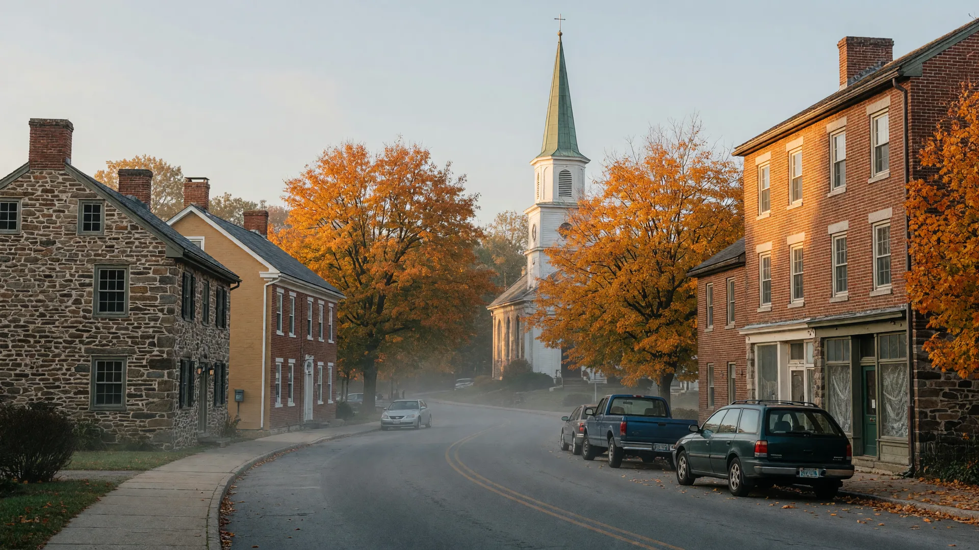 Historic fieldstone and brick buildings on a quiet small-town street in Chalfont, Pennsylvania in autumn