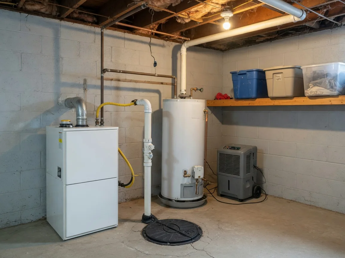 A clean, dry residential basement utility corner in an older Ohio home, with a natural gas furnace and tank water heater against a painted concrete wall and a covered sump pump basin flush in the concrete floor
