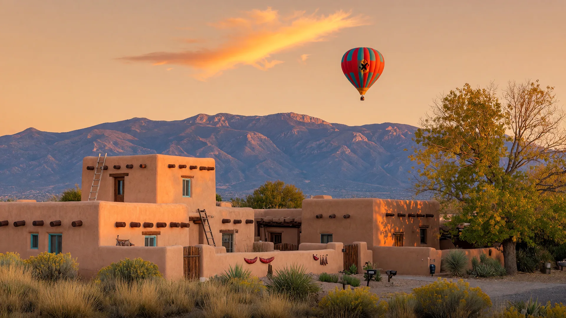 Adobe-style homes at golden hour with the Sandia Mountains behind them and a hot air balloon drifting in the warm Albuquerque sky