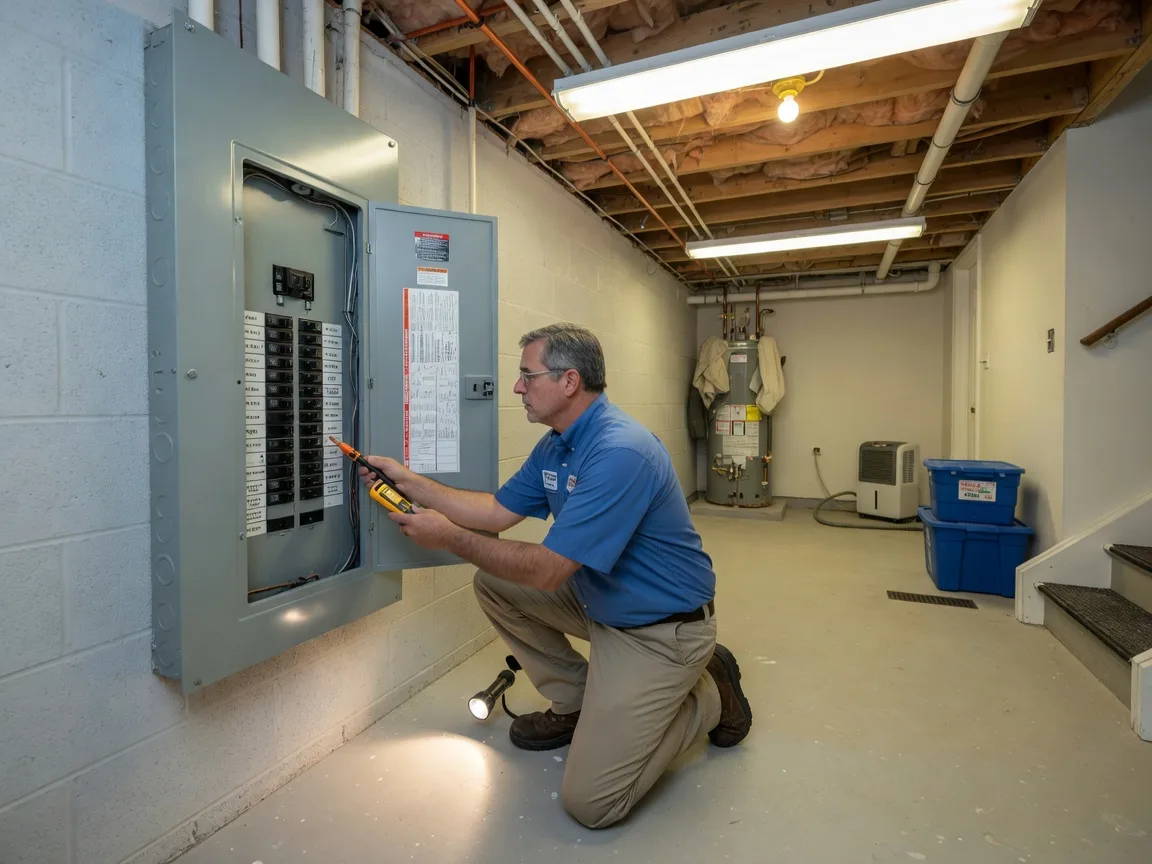 Home inspector checking electrical panel and systems in a South Jersey home basement