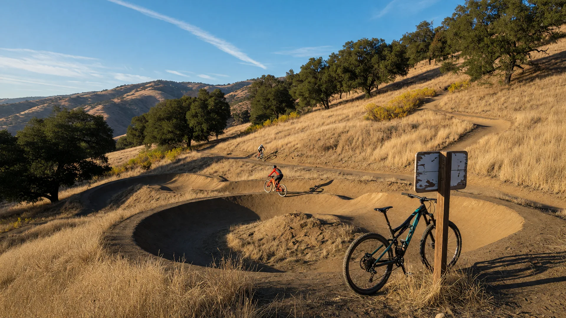 A golden early-October morning at the Haskell Canyon Bike Park with a bermed dirt pump track and a bike leaning against a trail sign