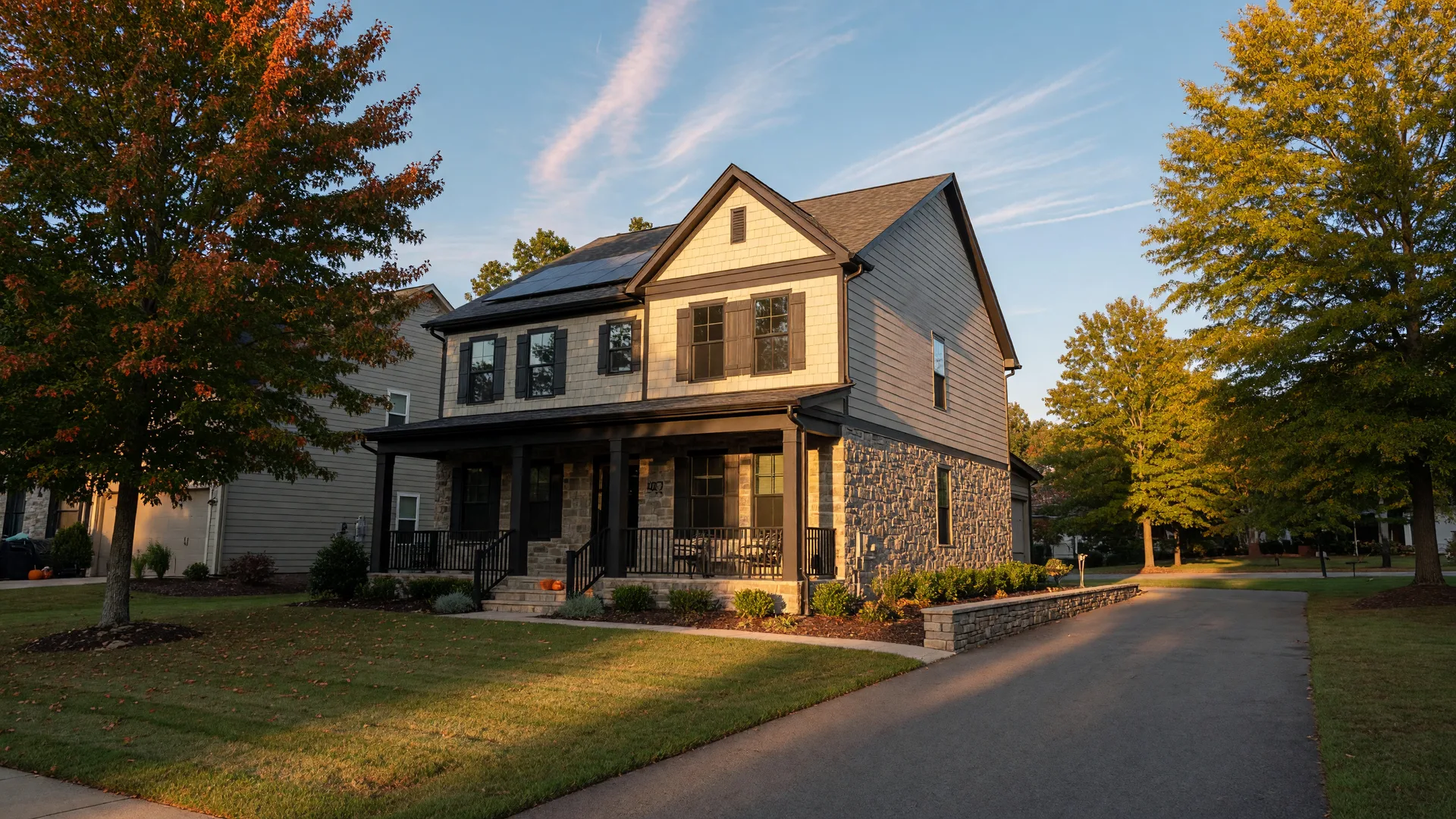 Modern Triangle-area suburban home on a crisp early-autumn morning, in a market where sellers are weighing waiting for rates versus moving now