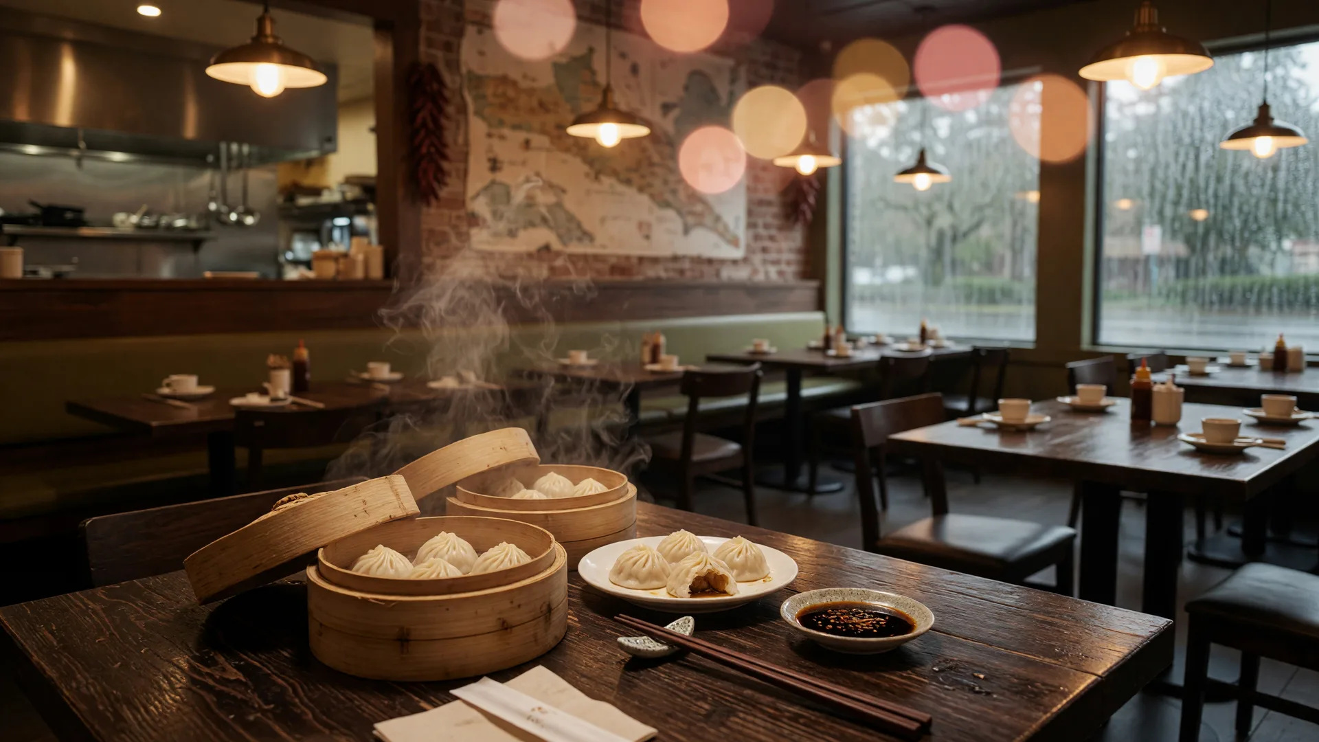 Bamboo steamer baskets of soup dumplings with chopsticks and black vinegar on a dark wood table in a warm, dimly lit restaurant
