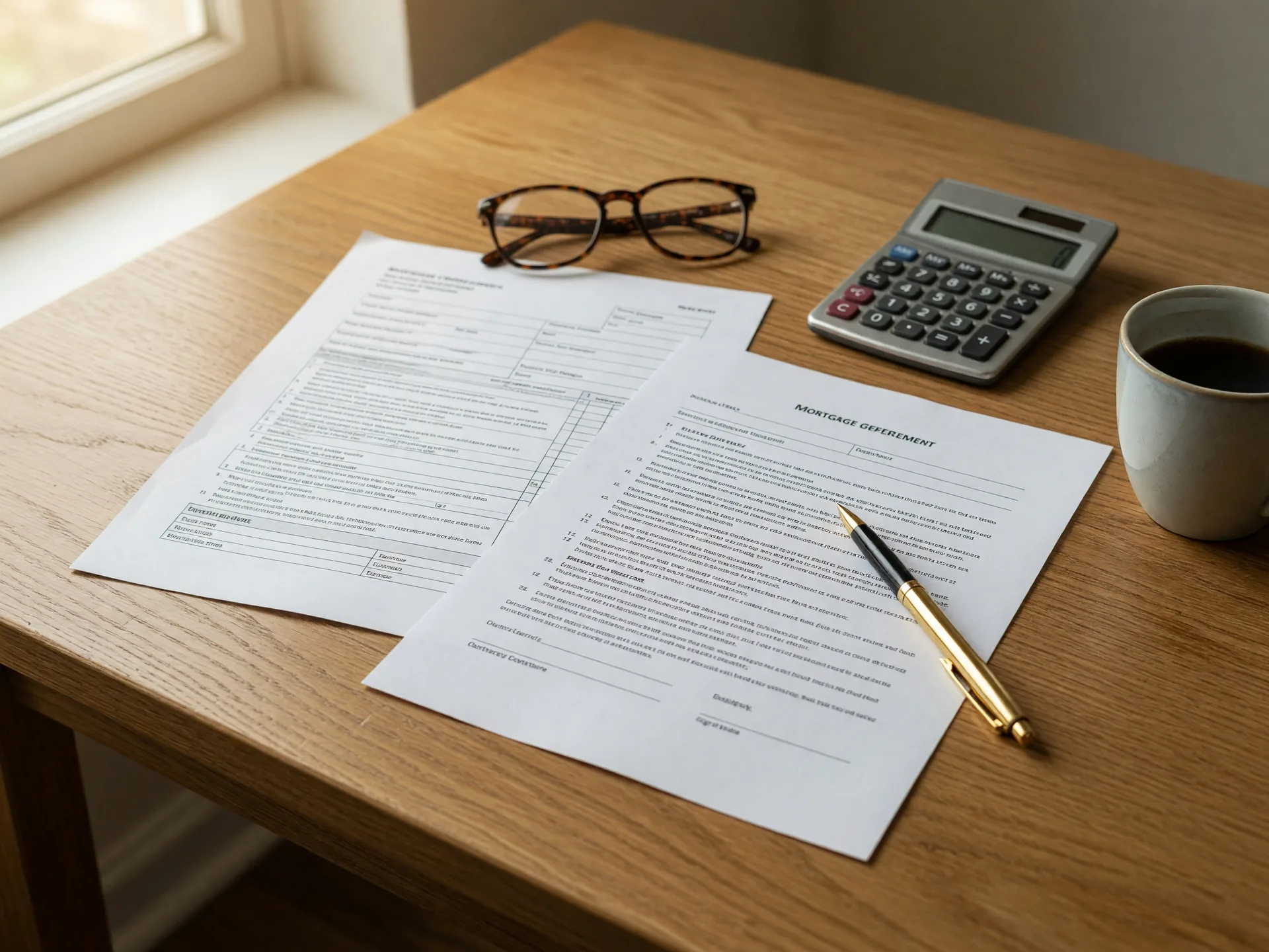 Two loan documents, a gold pen, a small calculator, and reading glasses on a warm oak desk, the paperwork of comparing lenders before closing