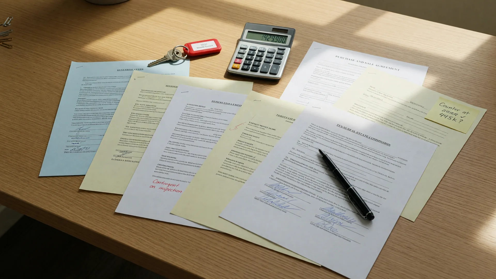Several purchase offer documents, a pen, calculator, and brass house key spread across a light oak table