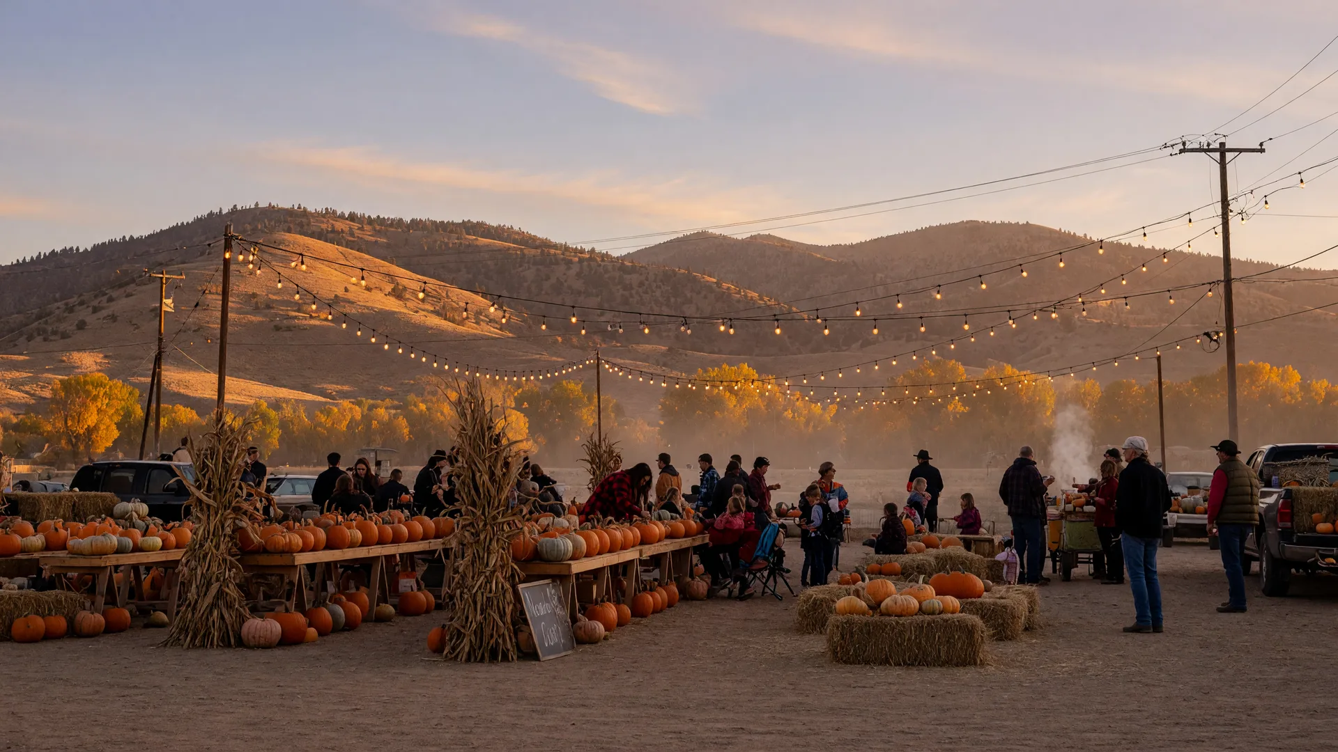 A small-town Nevada autumn festival at golden hour with string lights over a harvest market, pumpkins and hay bales, and golden Sierra foothills beyond.