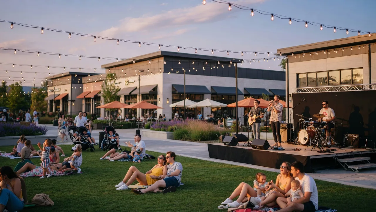 Late-summer evening concert at Crocker Park in Westlake, Ohio with string lights glowing above the plaza, a live band on stage, and families gathered on the lawn at golden hour