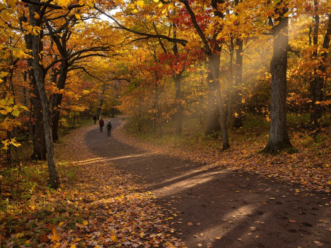 An autumn walking trail through oak and maple trees in full fall color at a Pennsylvania state park