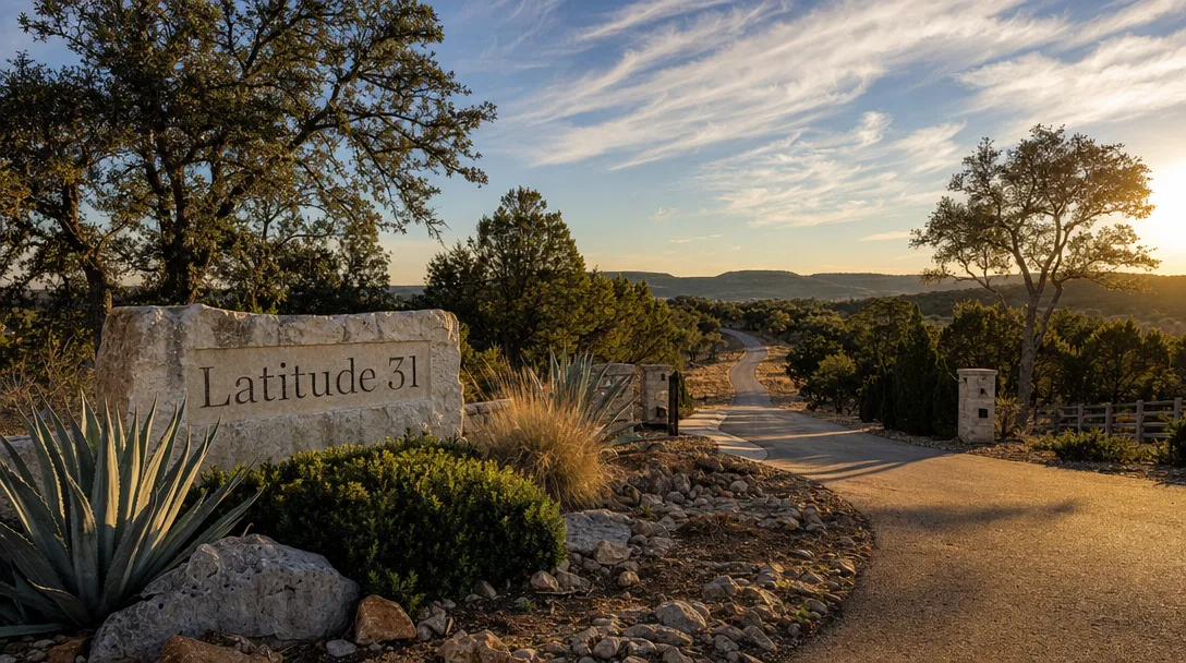Ranch at Latitude 31 community entrance with limestone monument and native Texas landscaping in Belton, Texas