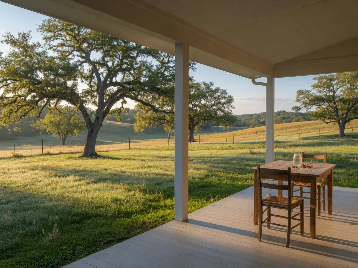 A wide covered porch of a Hill Country farmhouse in bright morning light