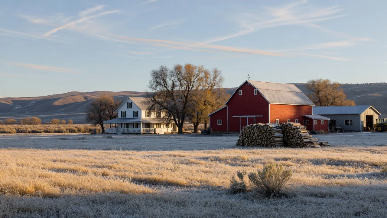 Idaho acreage in late autumn with a white farmhouse, red barn, and frost-covered pasture under a big blue sky
