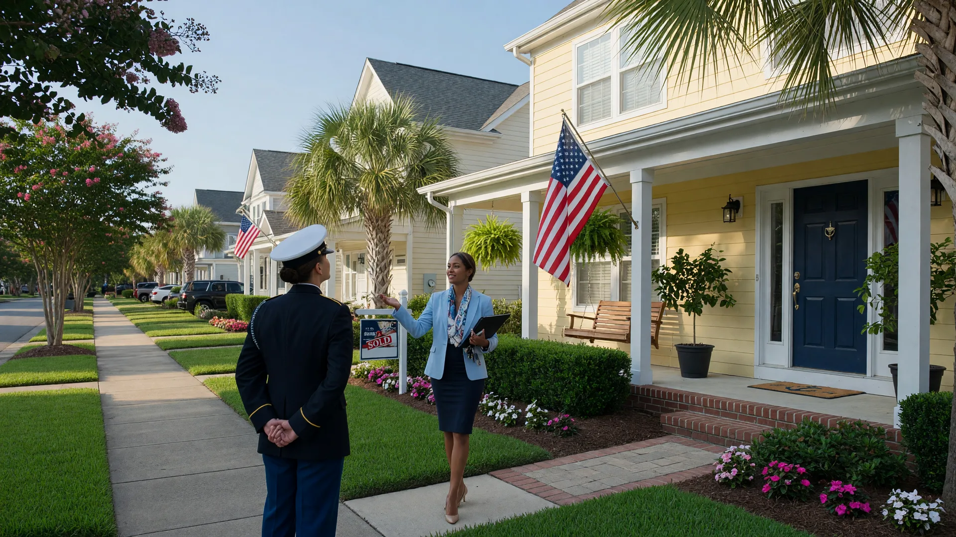 Military service member and real estate agent looking at a beautiful Virginia Beach home with an American flag on a sunny day