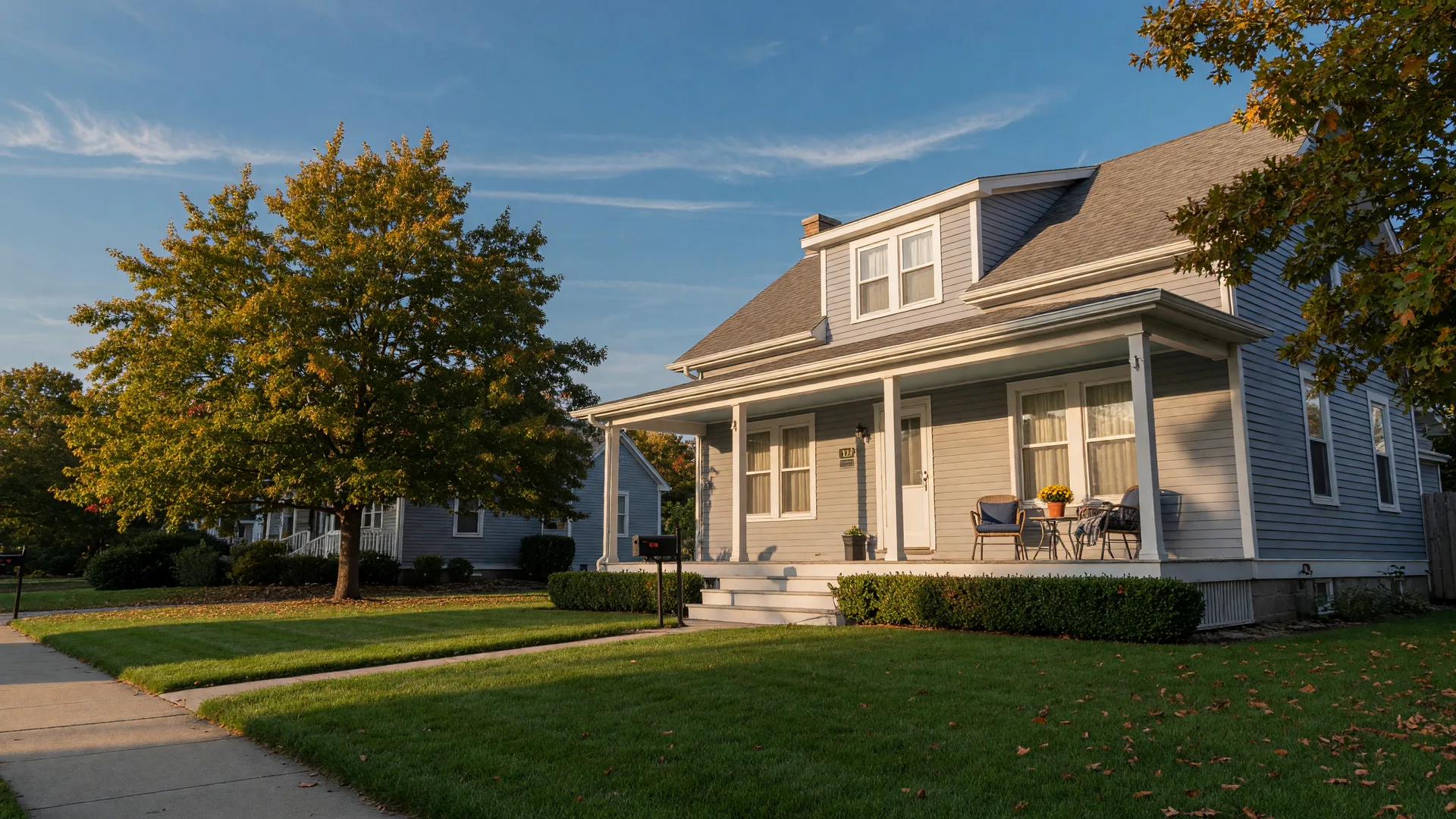 A well-kept gray-blue single-family home with a tidy front lawn and porch on a clear fall afternoon in the North Bay