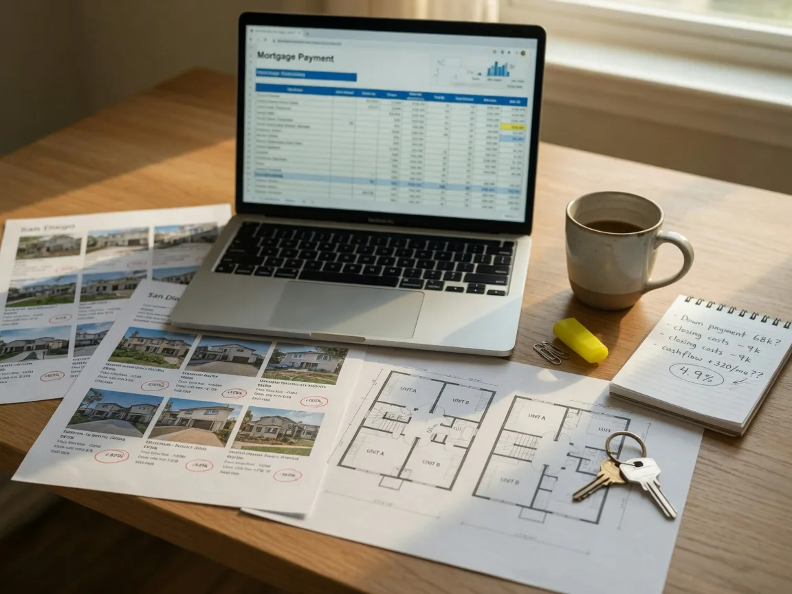 A first-time investor planning desk with a mortgage payment calculator on a laptop, San Diego listings, a duplex floor plan, and a house key in warm daylight