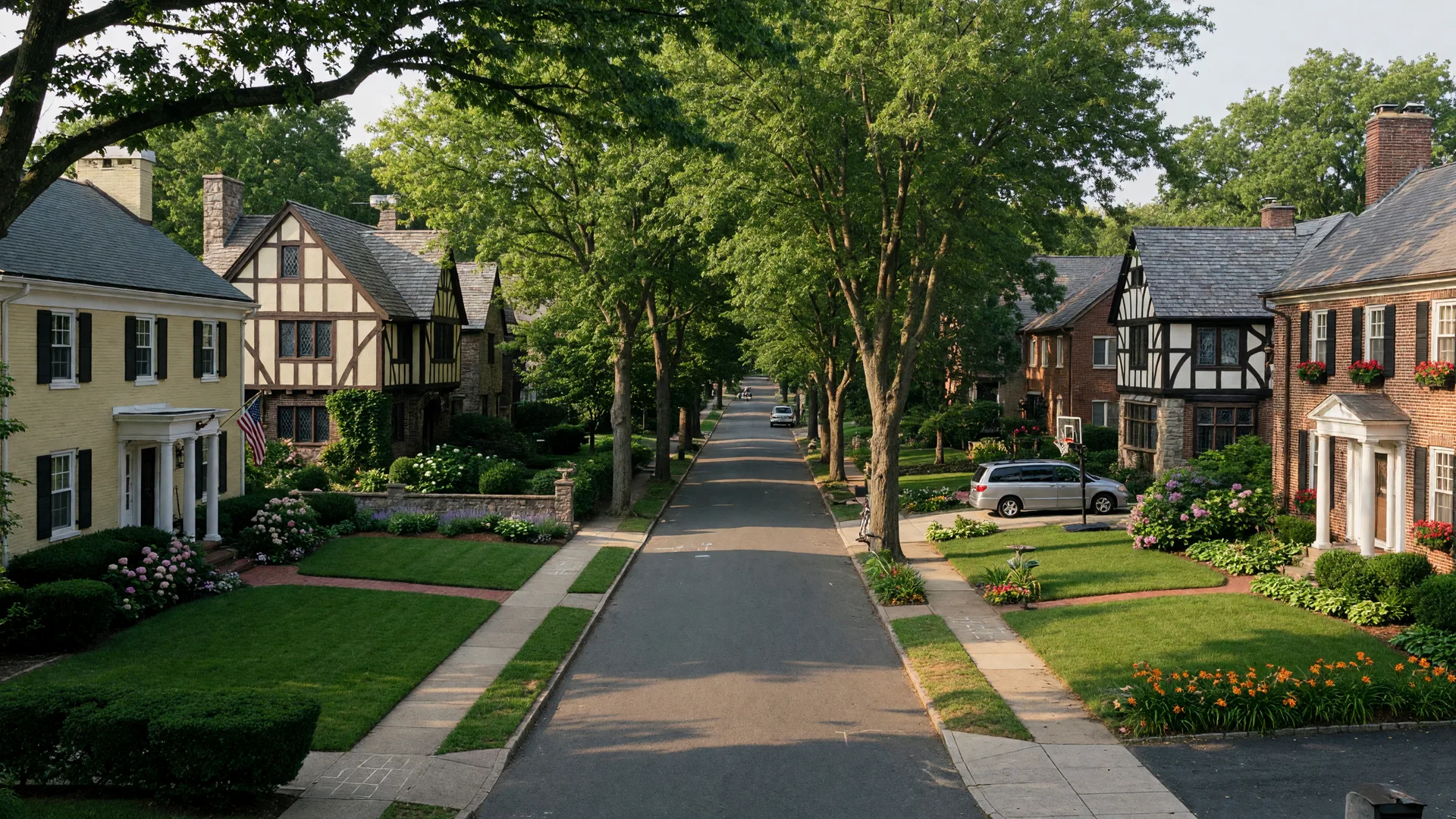 Classic Colonial and Tudor homes on a tree-lined street in Fort Washington