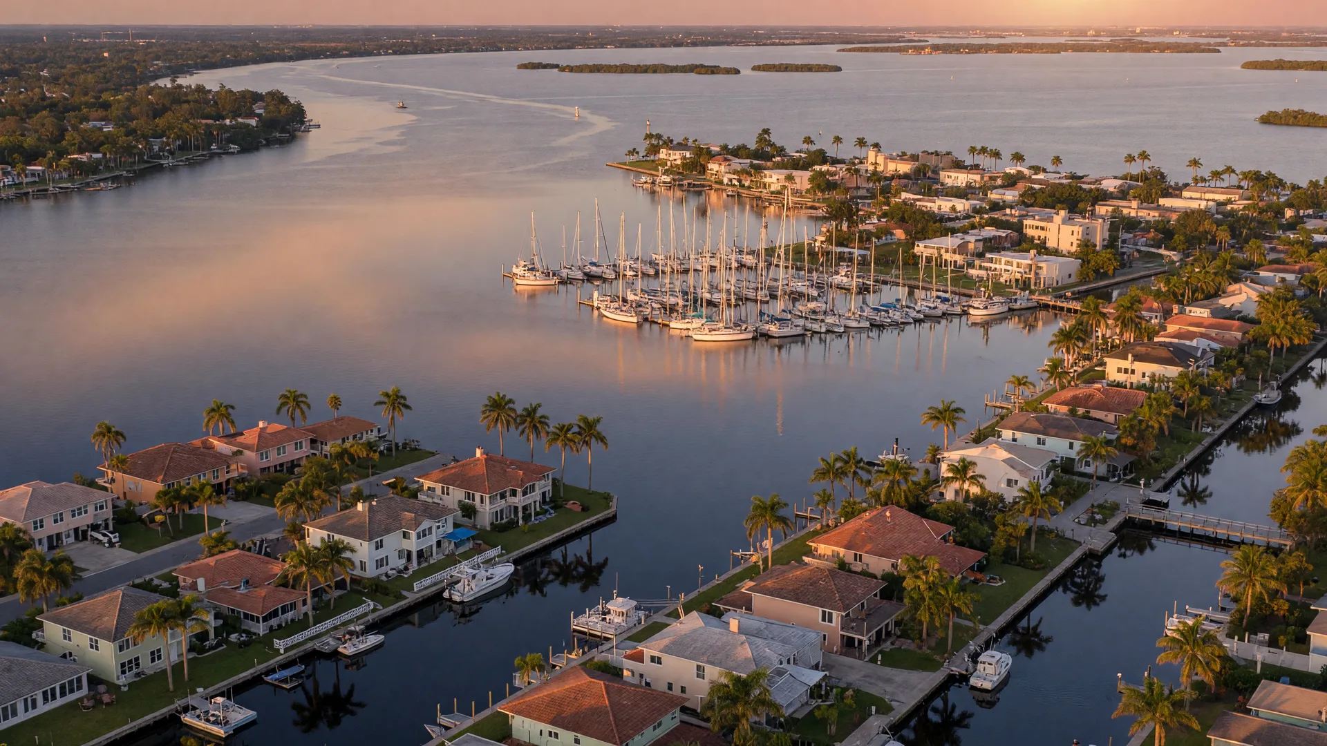 Aerial view of Punta Gorda, Florida at golden hour, with terracotta-roof single-story homes lining quiet canals, a marina on Charlotte Harbor, palm trees, moored boats, and warm amber light over the water