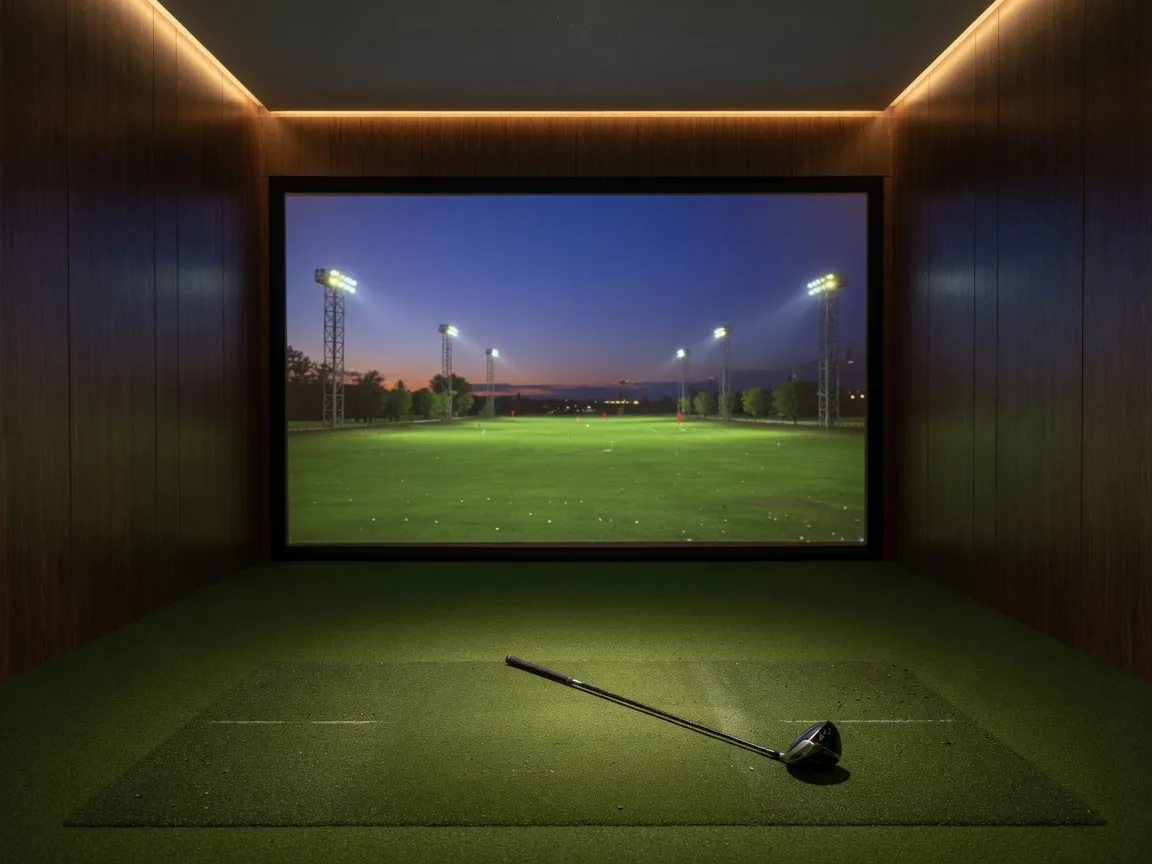 A modern indoor golf simulator bay with a driving range on the screen and a club resting on the hitting mat, the winter golf option near Fenton and Linden Michigan