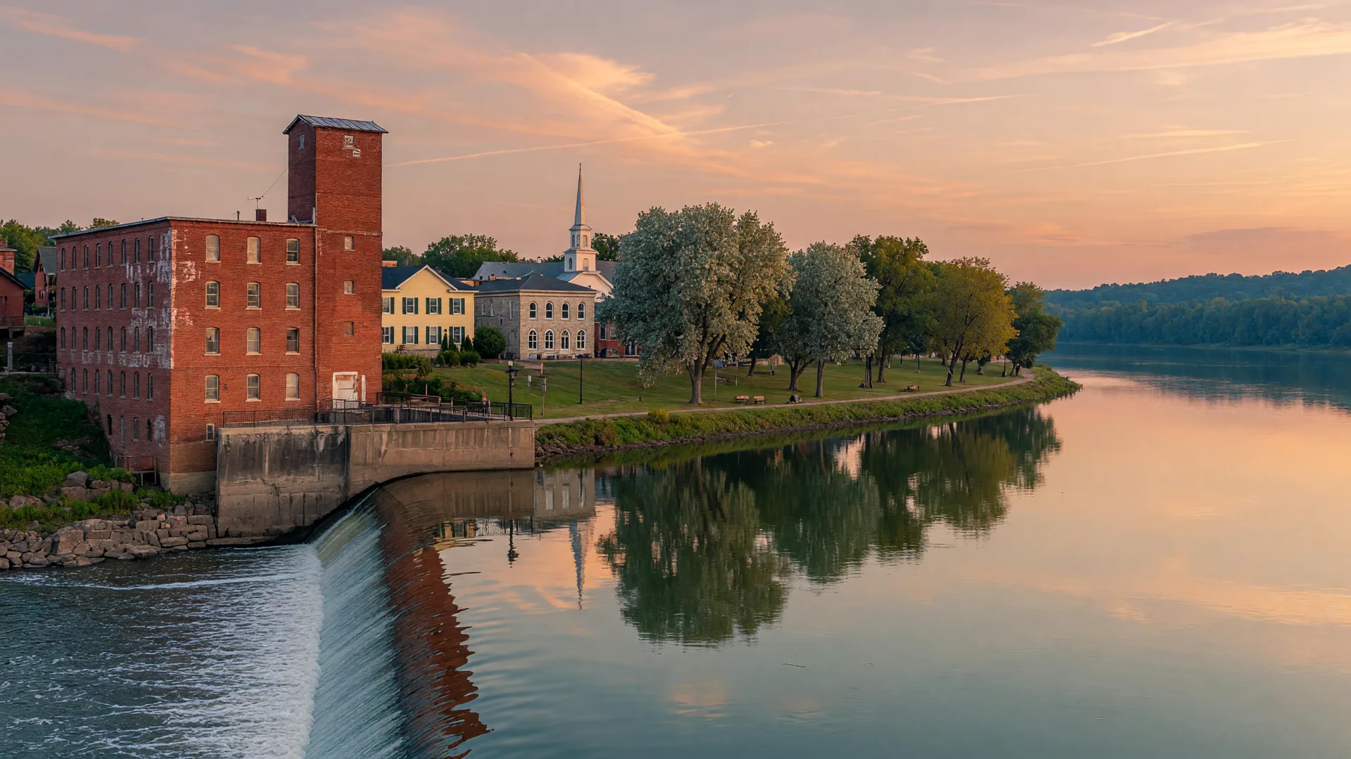 Historic river town on the Mississippi at golden hour near Little Falls