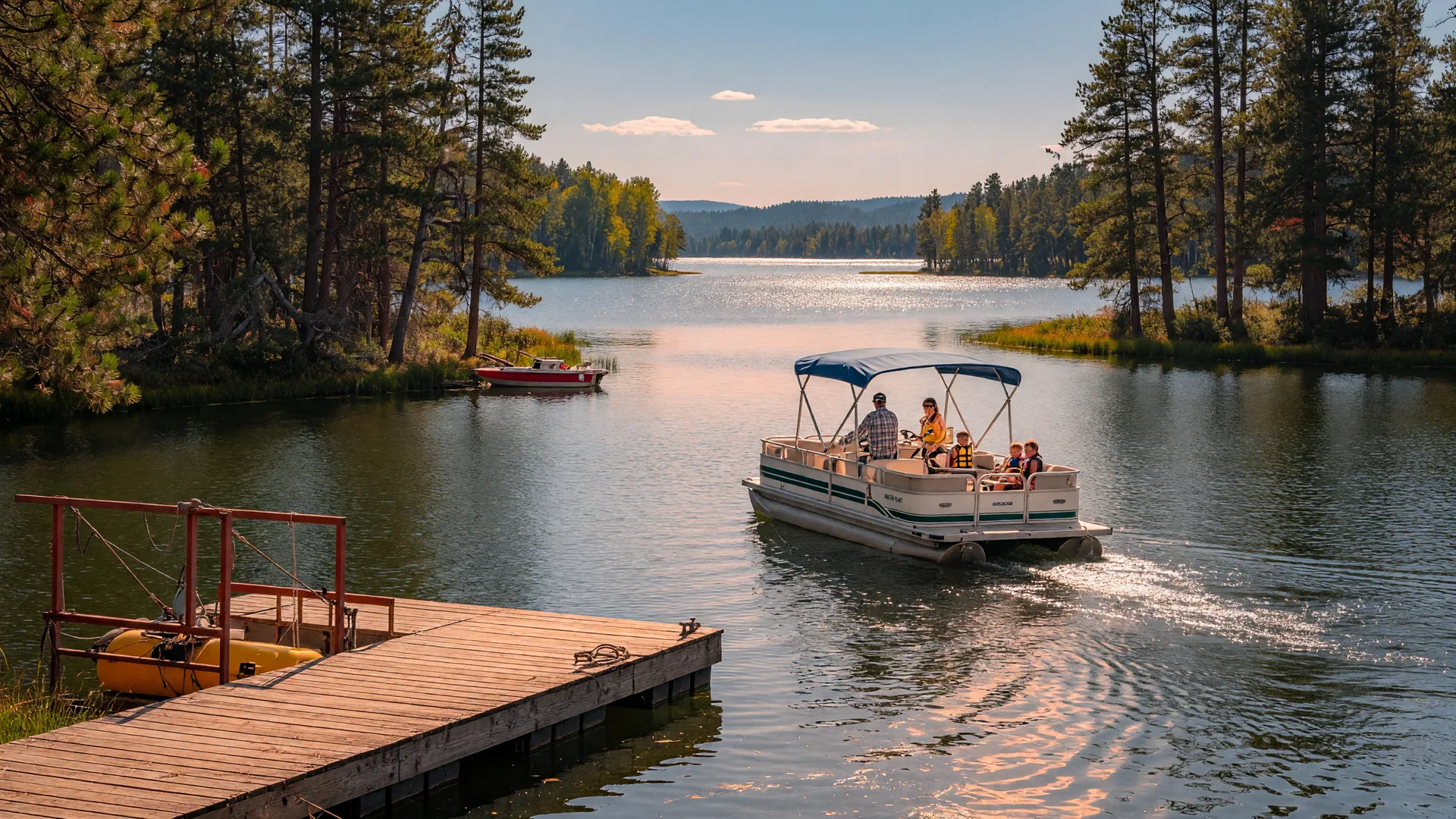 Pontoon boat cruising across the Whitefish Chain on a late summer afternoon with pine-lined shoreline