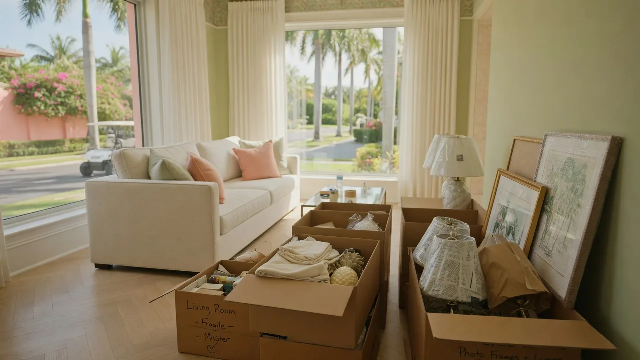 Neatly packed moving boxes in a bright Palm Beach County home